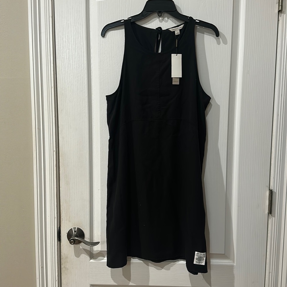Calvin Klein jean material Sz L black back tie dress NWT - Picture 1 of 7